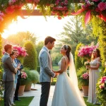 Capturing wedding photography of a beautiful couple in an outdoor garden ceremony.
