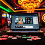 Des joueurs captivés dans un casino en ligne fiable avec des cartes de poker et des jetons vibrants.