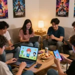 Players engaged in Degrees of Lewdity, enjoying adult visual novels on various devices in a cozy living room.