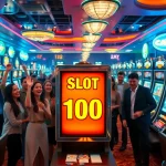 Pemain merayakan kemenangan besar di "Slot Bonus 100" di sebuah kasino meriah dengan mesin slot berwarna-warni.