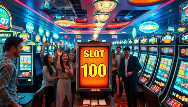 Pemain merayakan kemenangan besar di "Slot Bonus 100" di sebuah kasino meriah dengan mesin slot berwarna-warni.