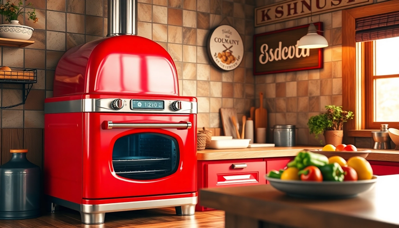 Retro Oven showcased in a bright kitchen, emphasizing its vibrant color and vintage style.