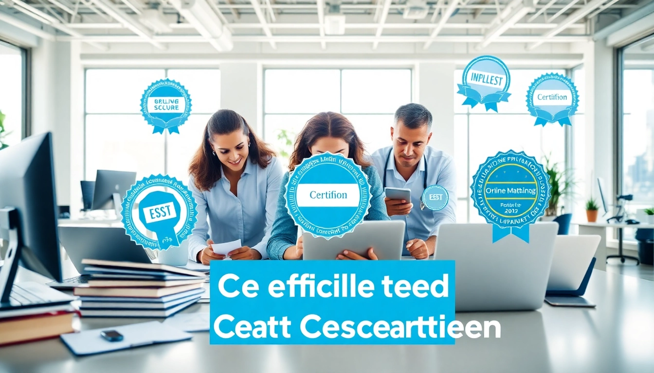 Engaging professionals in a workspace focused on options to get certified, showcasing online training.