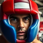 Kämpfer trägt hochwertiges headgear boxing in einer dynamischen Trainingsumgebung.