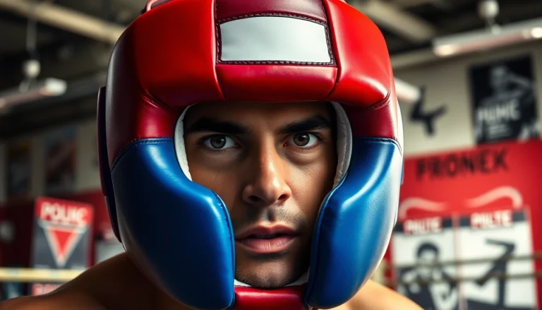 Kämpfer trägt hochwertiges headgear boxing in einer dynamischen Trainingsumgebung.