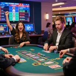 Baccarat table scene in an online casino showcasing players engaged in action at a 바카라사이트 with vibrant ambiance.