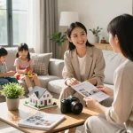 We buy houses scenario with real estate agent showcasing home options to happy family in bright living room.