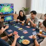 Engaging scene of friends playing Game bài hubet88 in a vibrant living room, surrounded by gaming elements and snacks.