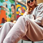 Model showcasing stylish french terry sweatpants in an urban café setting.