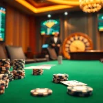 Scène engageante d'un casino en ligne fiable mettant en vedette un setup de poker à enjeux élevés avec des jetons et des cartes