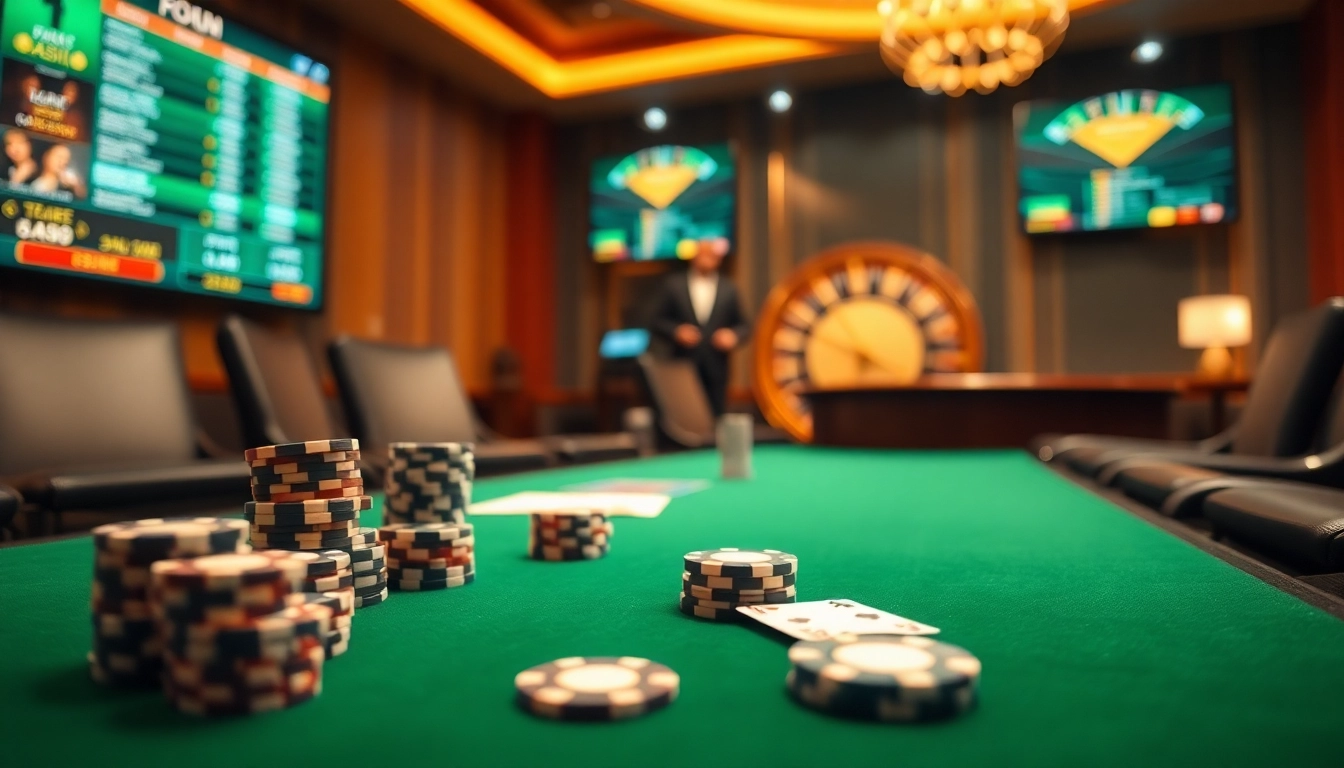 Scène engageante d'un casino en ligne fiable mettant en vedette un setup de poker à enjeux élevés avec des jetons et des cartes
