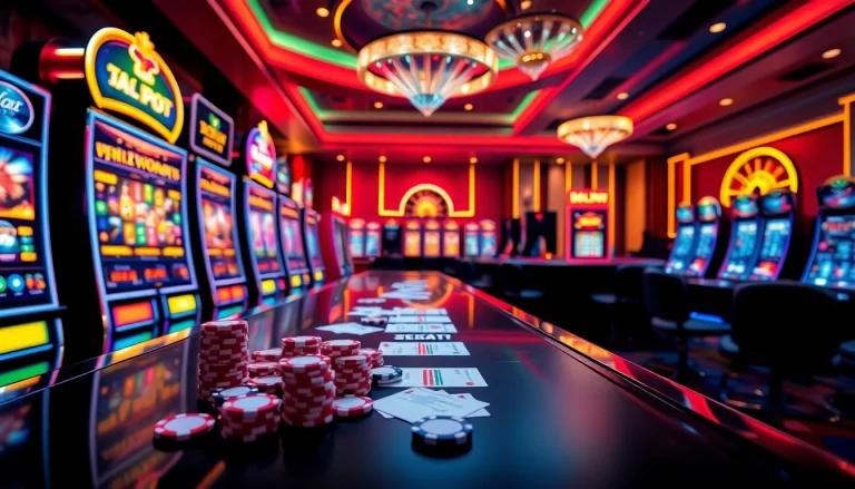 Engaging casino scene highlighting slot online hari ini with illuminated slot machines and vibrant poker chips.
