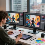 Artist using an image to prompt tool in a creative studio, surrounded by art supplies and dual monitors.