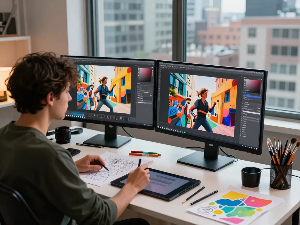 Artist using an image to prompt tool in a creative studio, surrounded by art supplies and dual monitors.