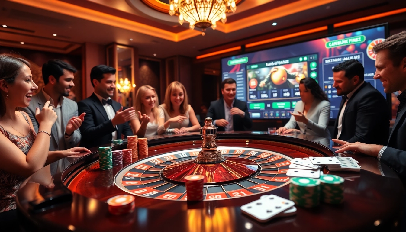 Joueurs engagés profitant d'une expérience de casino en ligne fiable avec des jetons de poker vibrants à une table de roulette.