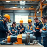 Engaging construction training session with diverse trainees collaborating in an industrial workshop.