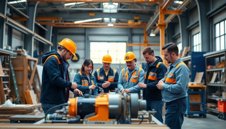 Engaging construction training session with diverse trainees collaborating in an industrial workshop.