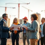 Advocates actively engaging in construction advocacy at a vibrant construction site.