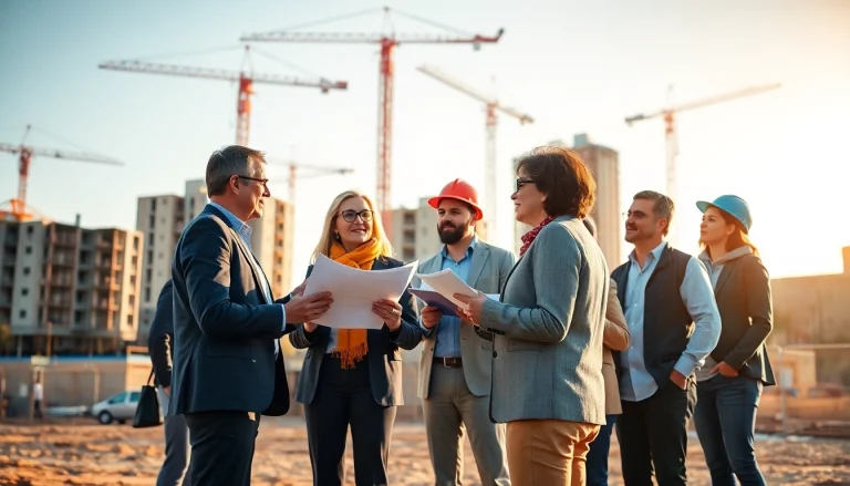Advocates actively engaging in construction advocacy at a vibrant construction site.