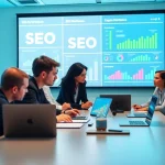 Energized team analyzing SEO performance data in a bright office environment.