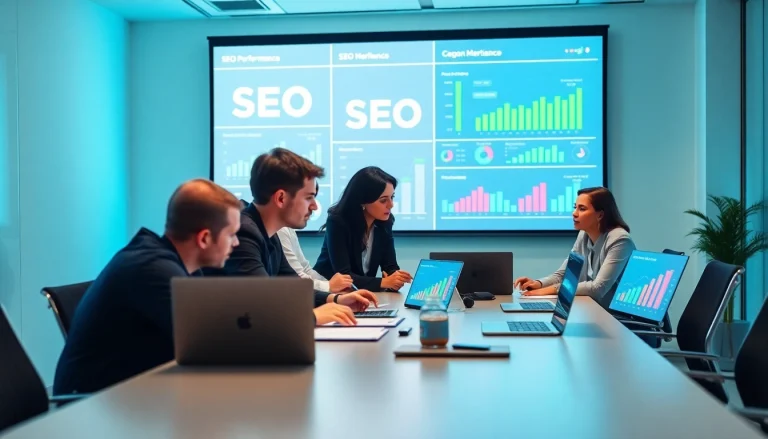 Energized team analyzing SEO performance data in a bright office environment.