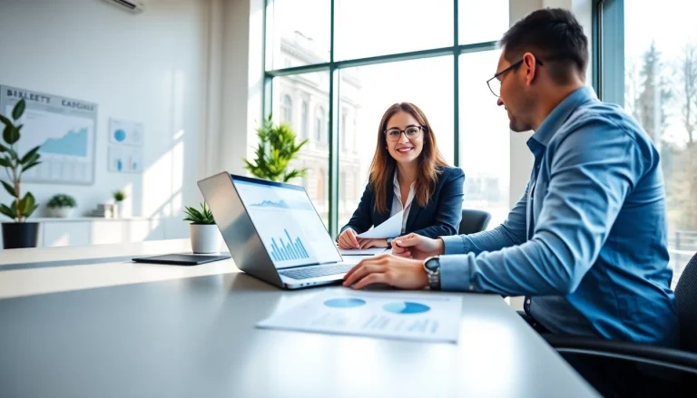 Konsultacje księgowe w nowoczesnym biurze z raportami finansowymi i przyjaznym księgowym.