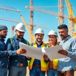 Construction labor compliance review by diverse workers at a construction site.