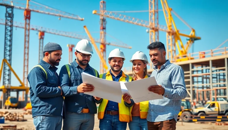 Construction labor compliance review by diverse workers at a construction site.