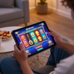 Player enjoying slot gacor on a tablet in a cozy home environment with vibrant game graphics