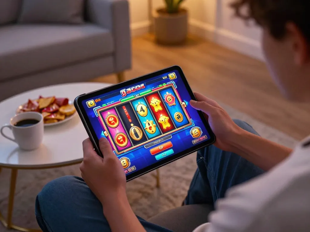 Player enjoying slot gacor on a tablet in a cozy home environment with vibrant game graphics