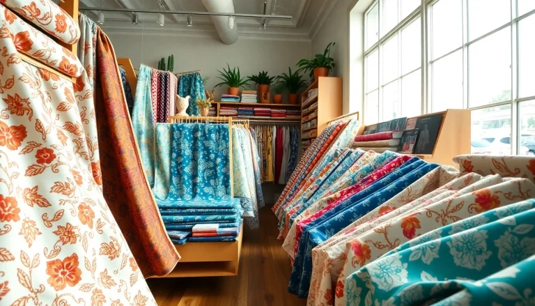 Bedrukte stoffen kopen, levendige stoffen in een elegante winkelomgeving.