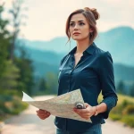 Woman contemplating her path to Find my true calling, standing at a scenic crossroads with a map and compass.