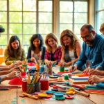 Engage in craft training with diverse participants creating art in a vibrant workshop.
