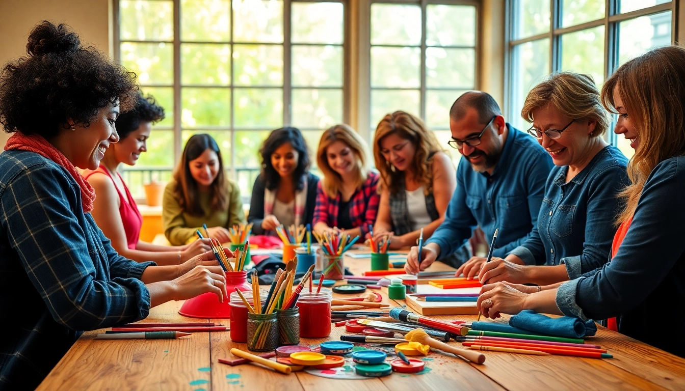 Engage in craft training with diverse participants creating art in a vibrant workshop.