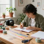 Creative individual decorating with vibrant washi tape in a sunny craft studio.