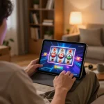 Pemain slot PILARJEPE Thailand menikmati permainan online dengan tablet di lingkungan ruang tamu yang nyaman