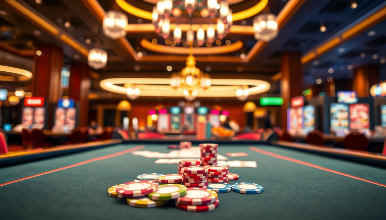 Menampilkan permainan kasino di taiwannow.org/tw/about dengan meja penuh chip dan kartu.