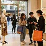 Fashion enthusiasts examining 레플리카 designer bags in a trendy urban retail setting.