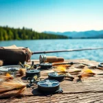 Showcase of fly fishing accessories arranged on a pier with a scenic lake backdrop.