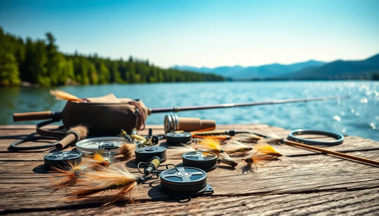 Showcase of fly fishing accessories arranged on a pier with a scenic lake backdrop.