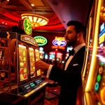 Excited player engaging with a dazzling slot machine in a vibrant casino environment.