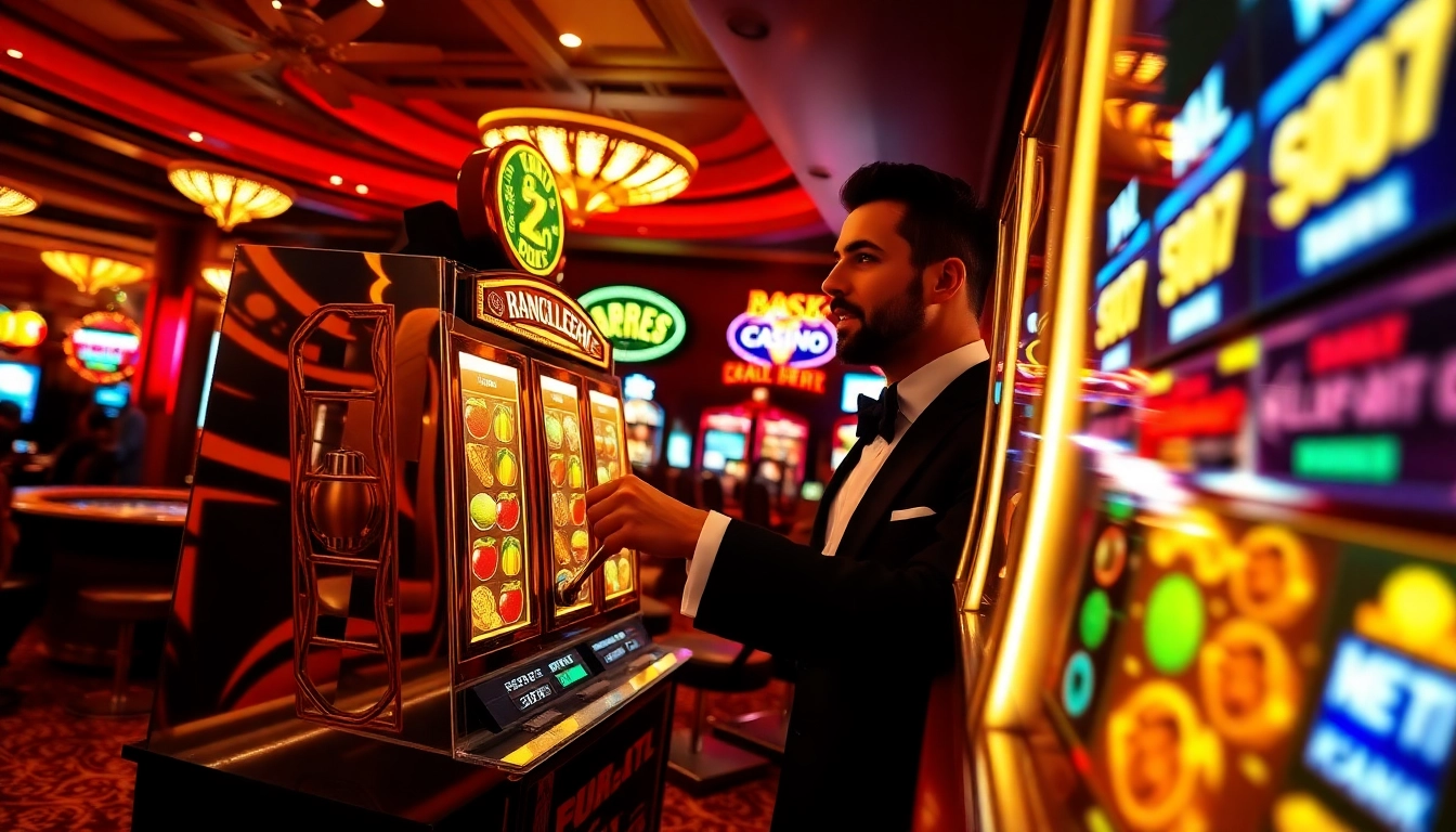 Excited player engaging with a dazzling slot machine in a vibrant casino environment.
