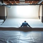 Detailed vapor barrier installation scene emphasizing a technician's careful technique and a well-organized workspace.
