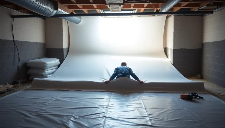 Detailed vapor barrier installation scene emphasizing a technician's careful technique and a well-organized workspace.