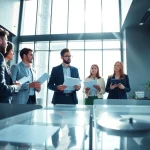 Corporate Tax Services in UAE meeting in a modern office with diverse professionals discussing strategies