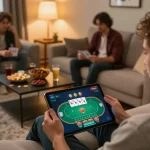 mm88 player enjoying a poker game on tablet at home with engaging atmosphere and snacks.