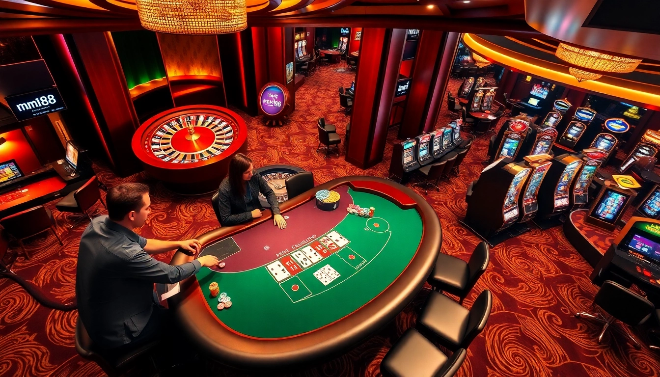 Experience the thrill of mm88 at a vibrant casino table with players engaged in blackjack.
