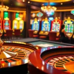 Une scène de casino animée mettant en avant l'expérience fiable de casino en ligne fiable avec des éléments de roulette et de poker.
