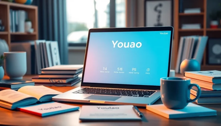 Youdao digital learning workspace with a laptop, books, and multimedia tools in a modern setup.