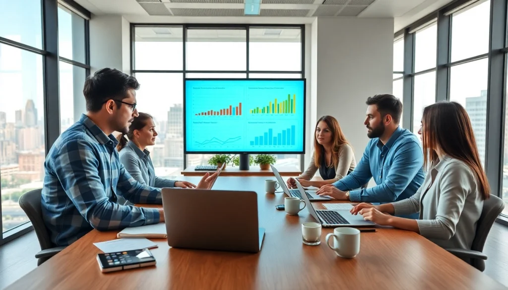 SEO Agentur Düsseldorf optimizes a strategy with a diverse team in a bright office.